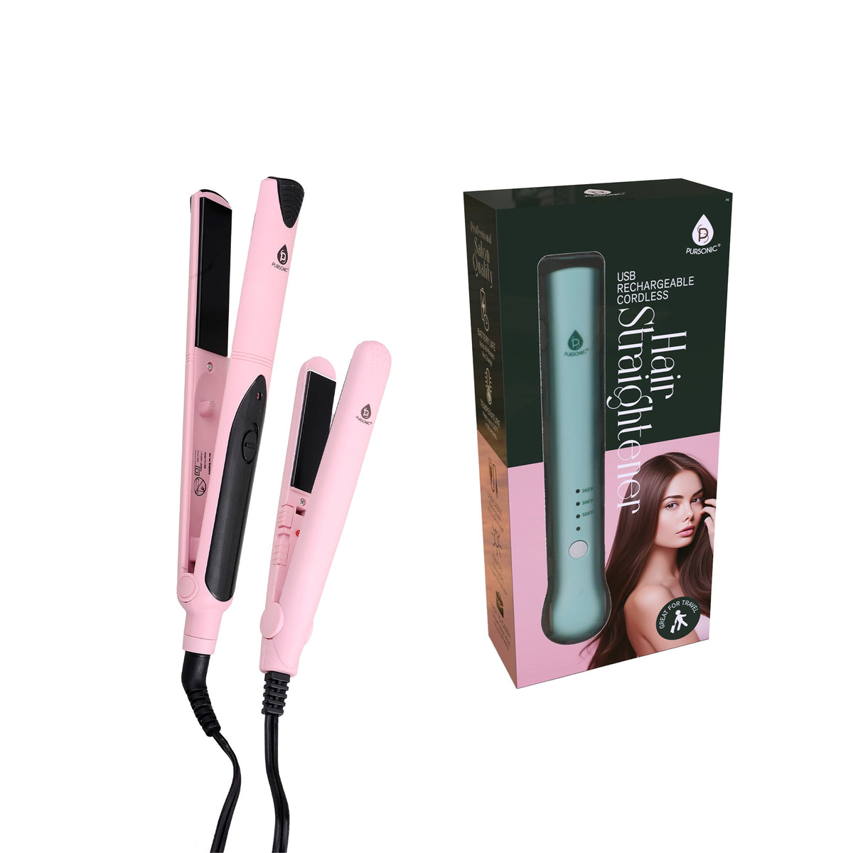 Pursonic USB Rechargeable Straightener & Flat Iron Duo; Complete Set:
