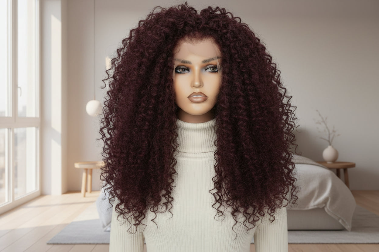 450% Density 99J Burgundy Kinky Curly Wig | 13x6 HD Lace Glueless | Everythinglluxe Hair Plug UK