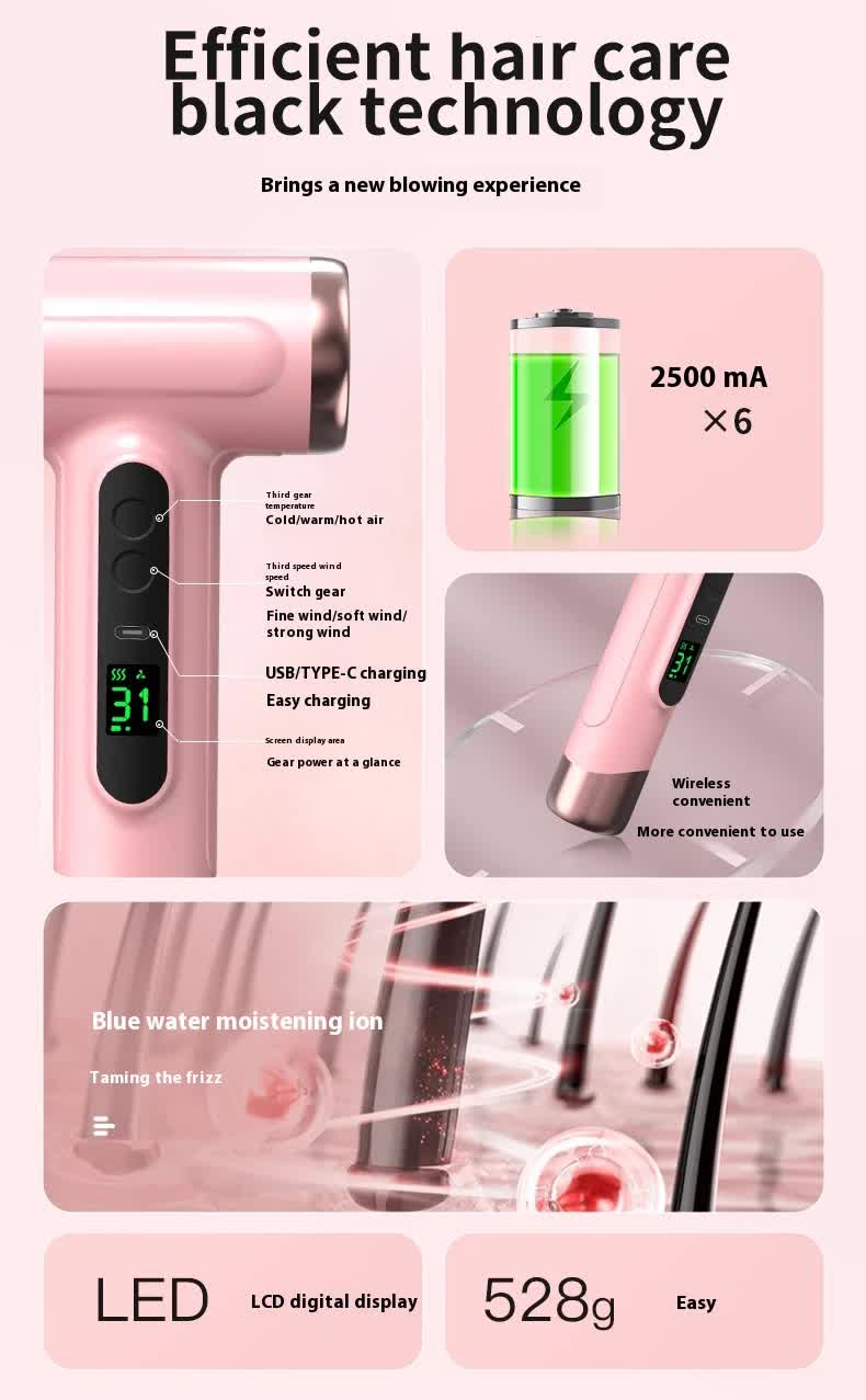 NNEDSZ Pink wireless Hair Dryer with Cold & Hot Air, Portable Large-Capacity Rechargeable Ionic Dryer, Fast-Drying, Lightweight and Compact for Home and Travel-4